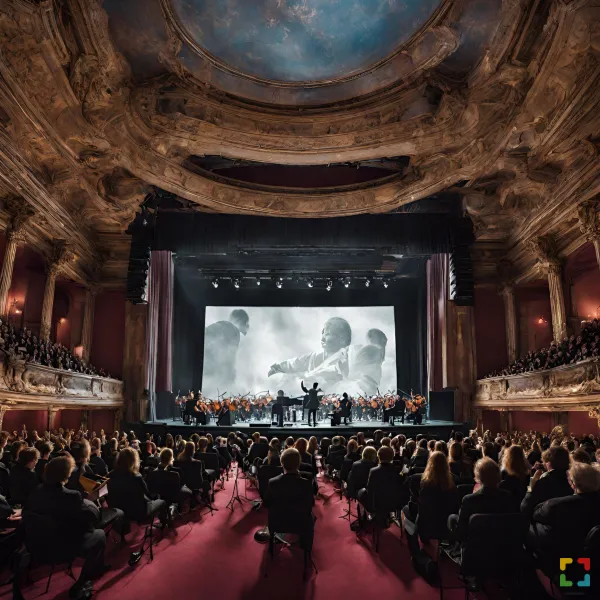 Deze foto is met AI gegenereerd en geeft een impressie van een filmvertoning waarbij een live orkest de muziek ten gehore brengt. 