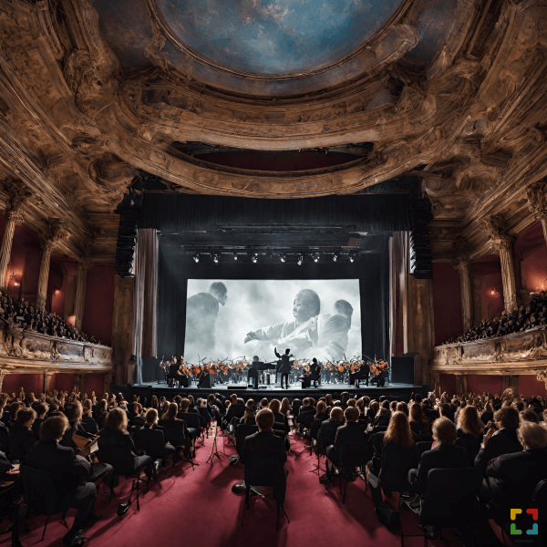 Deze foto is met AI gegenereerd en geeft een impressie van een filmvertoning waarbij een live orkest de muziek ten gehore brengt. 