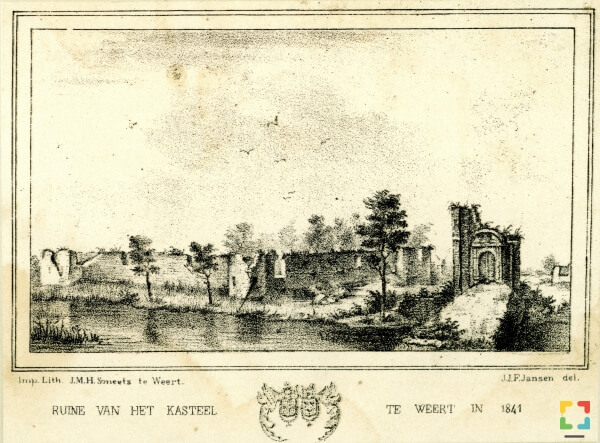 Hallo Magazine online / Kasteel Weert (lith0 1841): Een litho van Mathias Smeets (1806-1853) uit 1841 van de kasteelruïne van Weert