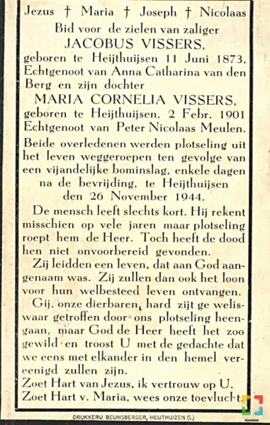 bidprentje Jacobus en Maria Cornelia Vissers bidprentje Jacobus en Maria Cornelia Vissers